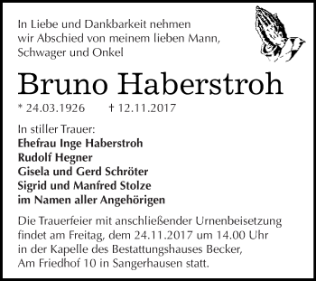 Traueranzeige von Bruno Haberstroh von Super Sonntag SGH Mansf. Land