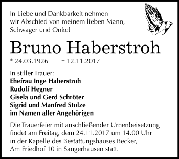 Traueranzeige von Bruno Haberstroh von Mitteldeutsche Zeitung