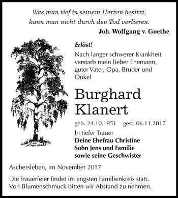 Traueranzeige von Burghard Klanert von Mitteldeutsche Zeitung Aschersleben