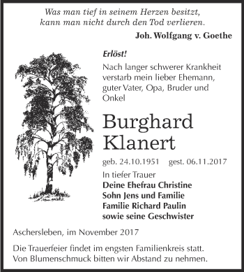 Traueranzeige von Burghard Klanert von Super Sonntag Aschersleben