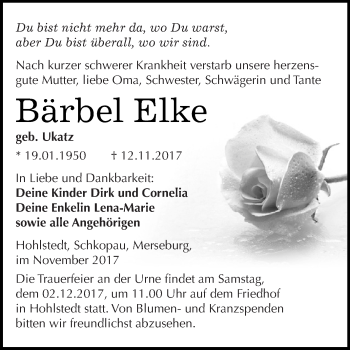 Traueranzeige von Bärbel Elke von Super Sonntag SGH Mansf. Land