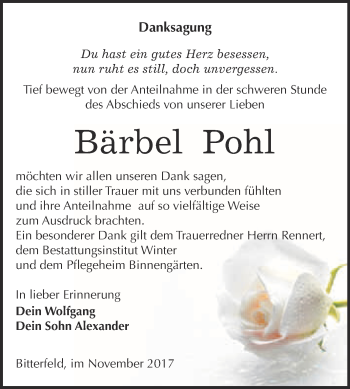 Traueranzeige von Bärbel Pohl von WVG - Wochenspiegel Bitterfeld