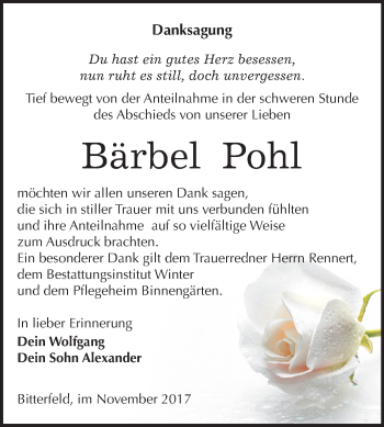 Traueranzeige von Bärbel Pohl von Mitteldeutsche Zeitung Bitterfeld
