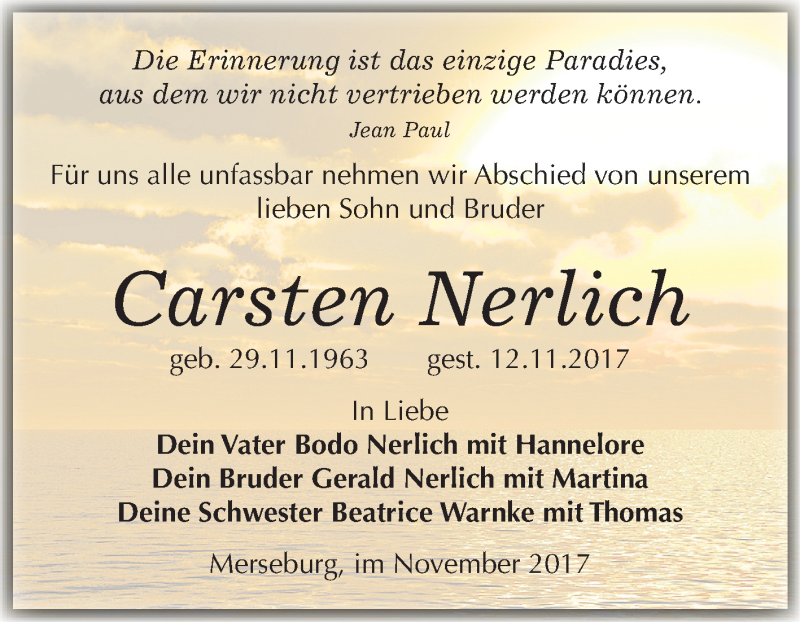  Traueranzeige für Carsten Nerlich vom 18.11.2017 aus Mitteldeutsche Zeitung Merseburg/Querfurt