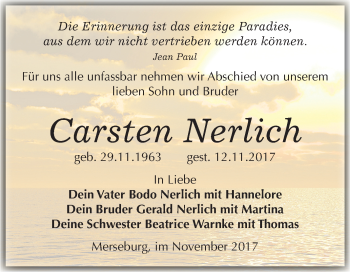 Traueranzeige von Carsten Nerlich von Mitteldeutsche Zeitung Merseburg/Querfurt