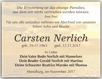 Traueranzeige von Carsten Nerlich von Super Sonntag Merseburg