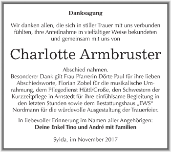 Traueranzeige von Charlotte Armbruster von Super Sonntag SGH Mansf. Land