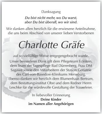 Traueranzeige von Charlotte Gräfe von Super Sonntag Merseburg