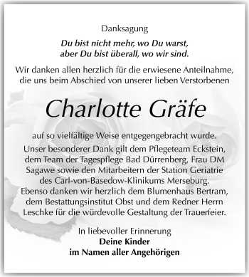 Traueranzeige von Charlotte Gräfe von Mitteldeutsche Zeitung Merseburg/Querfurt