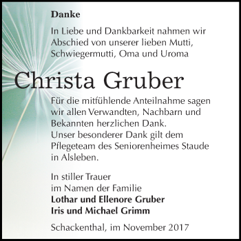 Traueranzeige von Christa Gruber von Mitteldeutsche Zeitung Aschersleben