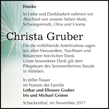 Traueranzeige von Christa Gruber von Super Sonntag Aschersleben