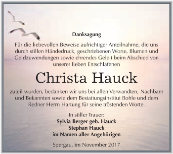 Traueranzeige von Christa Hauck von WVG - Wochenspiegel Merseburg