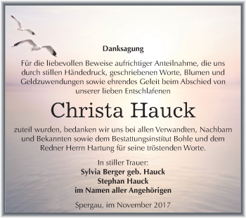 Traueranzeige von Christa Hauck von Mitteldeutsche Zeitung Merseburg/Querfurt