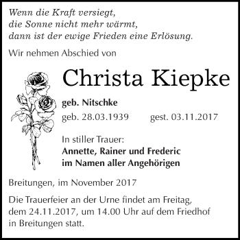 Traueranzeige von Christa Kiepke von Super Sonntag SGH Mansf. Land