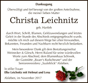 Traueranzeige von Christa Leichnitz von Super Sonntag Bernburg