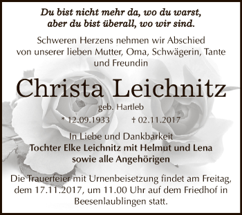 Traueranzeige von Christa Leichnitz von Super Sonntag Bernburg