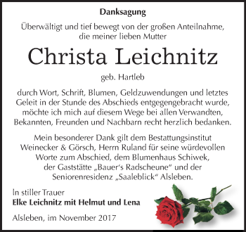 Traueranzeige von Christa Leichnitz von Mitteldeutsche Zeitung Bernburg