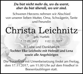 Traueranzeige von Christa Leichnitz von Mitteldeutsche Zeitung Bernburg