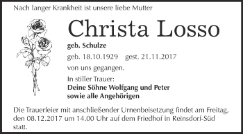 Traueranzeige von Christa Losso von Super Sonntag Wittenberg