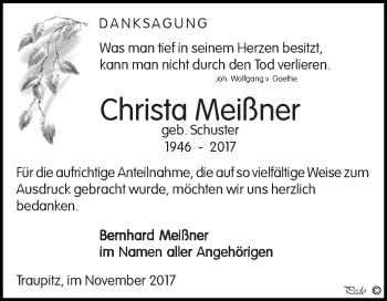 Traueranzeige von Christa Meißner von Super Sonntag Zeitz