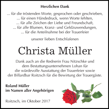 Traueranzeige von Christa Müller von Mitteldeutsche Zeitung Bitterfeld