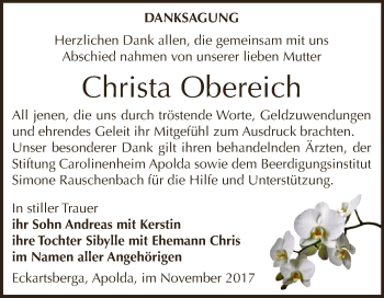 Traueranzeige von Christa Obereich von WVG - Wochenspiegel NMB / WSF / ZTZ