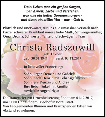Traueranzeige von Christa Radszuwill von Mitteldeutsche Zeitung Weißenfels