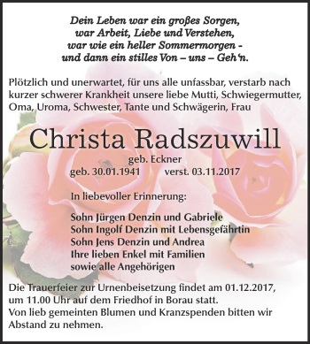 Traueranzeige von Christa Radszuwill von WVG - Wochenspiegel NMB / WSF / ZTZ