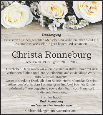 Traueranzeige von Christa Ronneburg von WVG - Wochenspiegel NMB / WSF / ZTZ