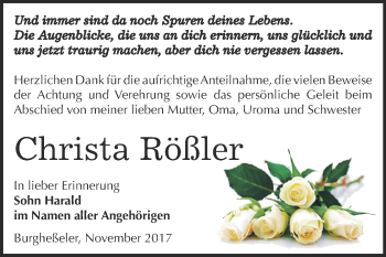 Traueranzeige von Christa Rößler von WVG - Wochenspiegel NMB / WSF / ZTZ