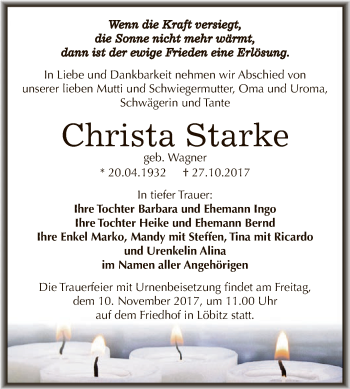 Traueranzeige von Christa Starke von WVG - Wochenspiegel NMB / WSF / ZTZ