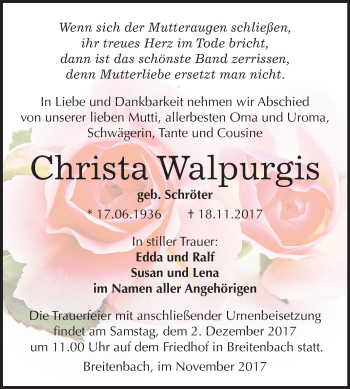 Traueranzeige von Christa Walpurgis von Mitteldeutsche Zeitung