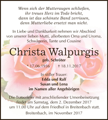 Traueranzeige von Christa Walpurgis von Super Sonntag SGH Mansf. Land