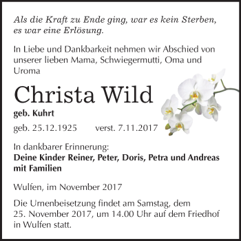 Traueranzeige von Christa Wild von Mitteldeutsche Zeitung Köthen