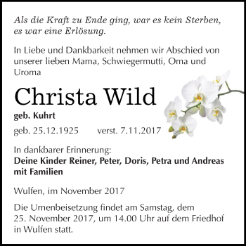 Traueranzeige von Christa Wild von WVG - Wochenspiegel Dessau / Köthen