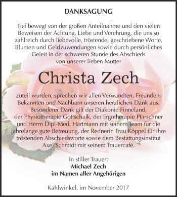 Traueranzeige von Christa Zech von WVG - Wochenspiegel NMB / WSF / ZTZ