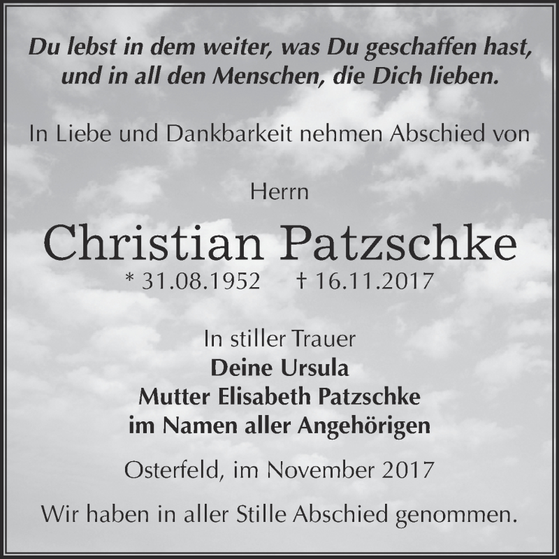  Traueranzeige für Christian Patzschke vom 25.11.2017 aus Super Sonntag Zeitz