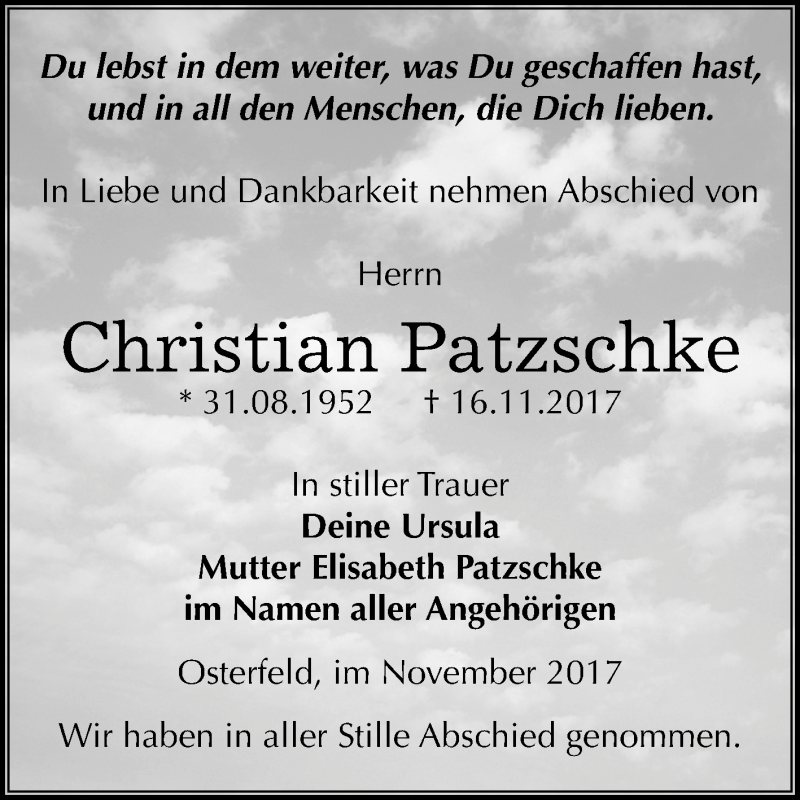  Traueranzeige für Christian Patzschke vom 25.11.2017 aus Mitteldeutsche Zeitung Zeitz
