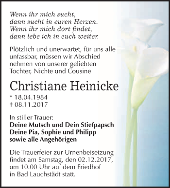 Traueranzeige von Christiane Heinicke von WVG - Wochenspiegel Merseburg