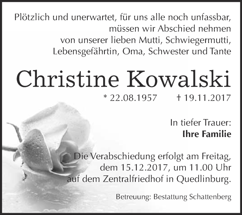  Traueranzeige für Christine Kowalski vom 25.11.2017 aus Super Sonntag Quedlinburg