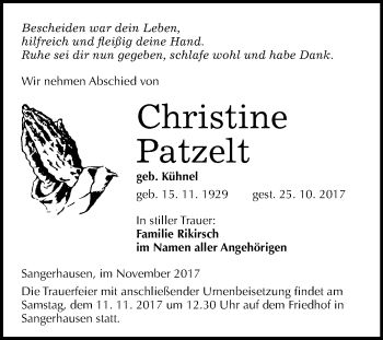 Traueranzeige von Christine Patzelt von Mitteldeutsche Zeitung