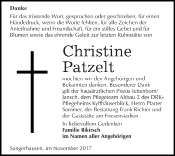 Traueranzeige von Christine Patzelt von Super Sonntag SGH Mansf. Land