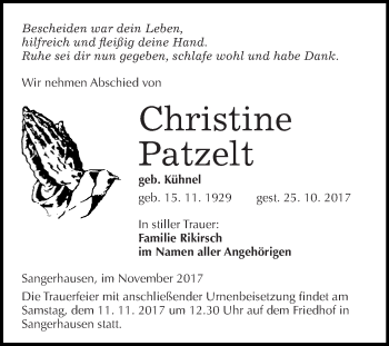 Traueranzeige von Christine Patzelt von Super Sonntag SGH Mansf. Land