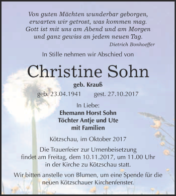 Traueranzeige von Christine Sohn von Super Sonntag Merseburg