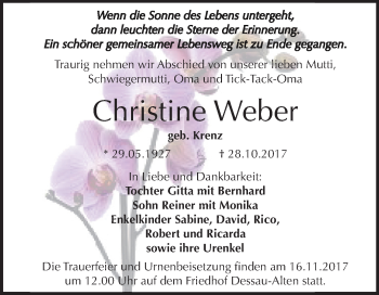 Traueranzeige von Christine Weber von Mitteldeutsche Zeitung Dessau-Roßlau