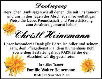 Traueranzeige von Christl Heinemann von Mitteldeutsche Zeitung Quedlinburg