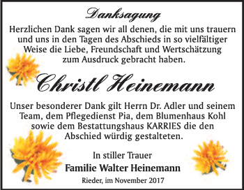 Traueranzeige von Christl Heinemann von WVG - Wochenspiegel Quedlinburg