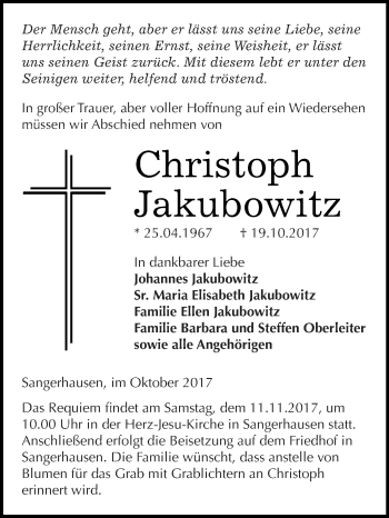 Traueranzeige von Christoph Jakubowitz von WVG - Wochenspiegel SGH