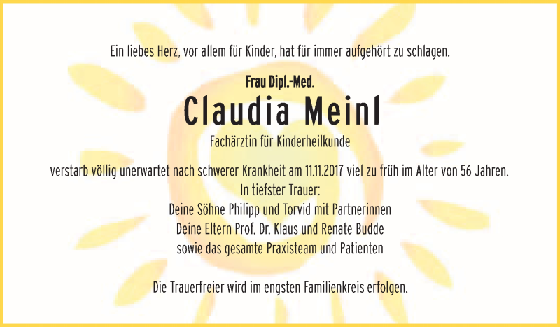  Traueranzeige für Claudia Meinl vom 22.11.2017 aus WVG - Wochenspiegel Bitterfeld