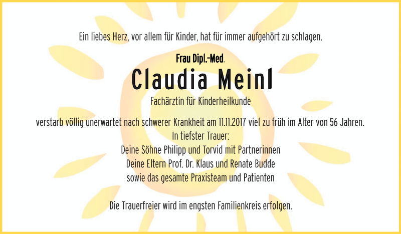  Traueranzeige für Claudia Meinl vom 18.11.2017 aus Mitteldeutsche Zeitung Bitterfeld